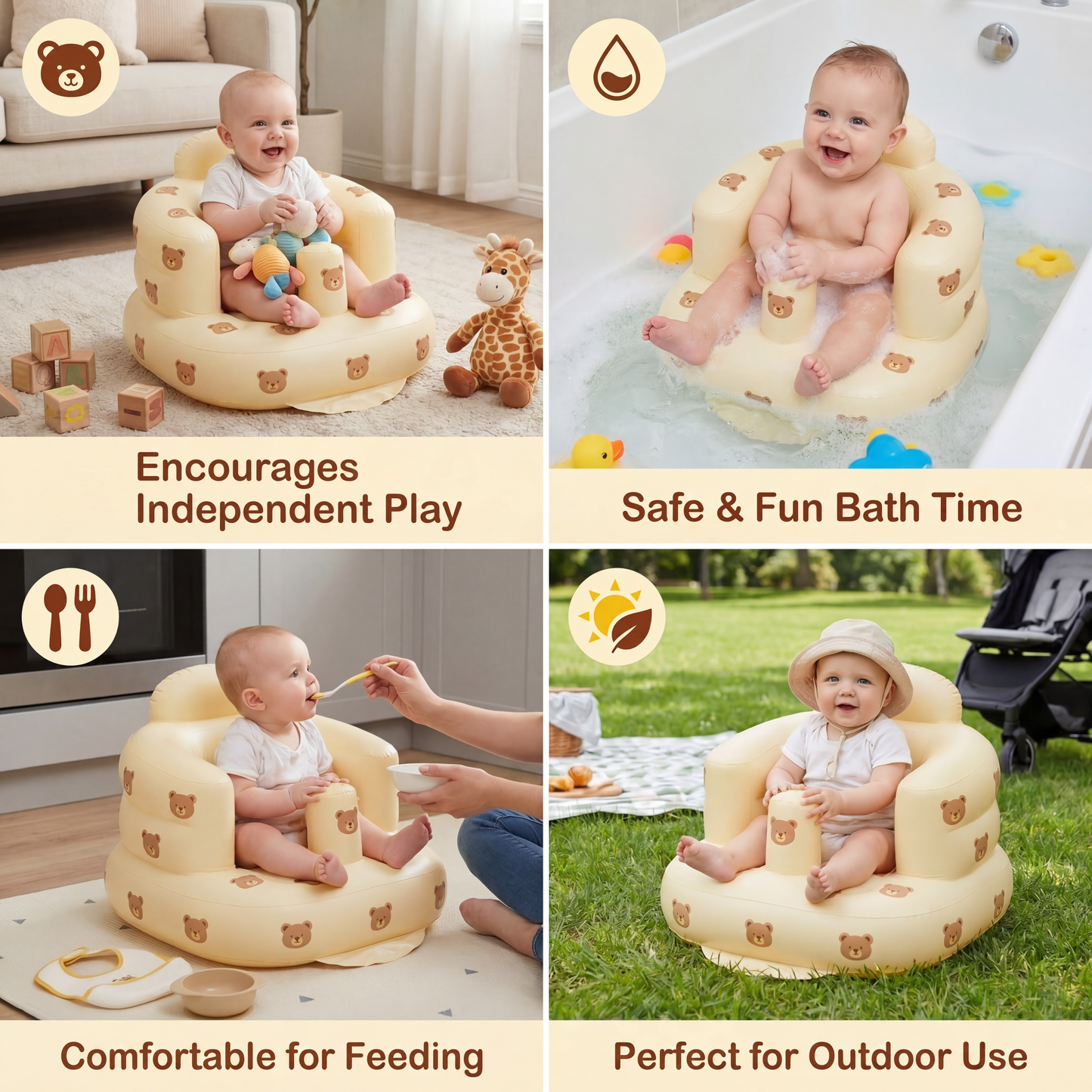 Inflatable Baby Seat with Bear Print for Sitting and Bath