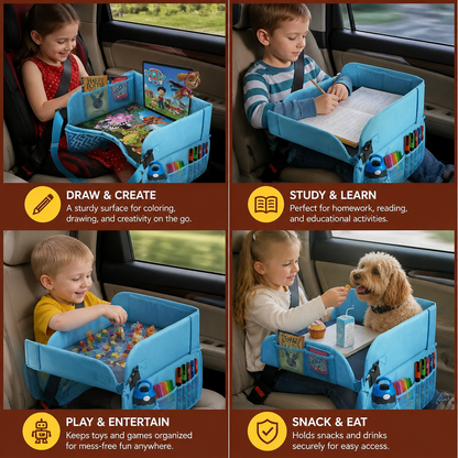 Kids Car Travel Tray with Storage Pockets and Activity Surface