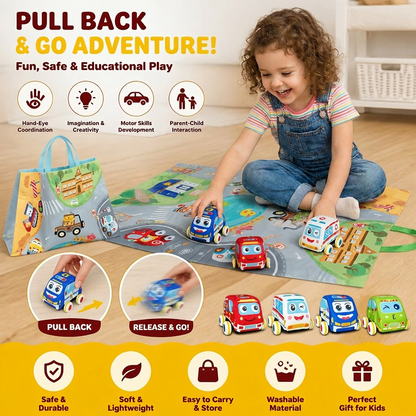 Soft Pull-Back Car Toy Set with Foldable Playmat Carry Bag for Toddlers