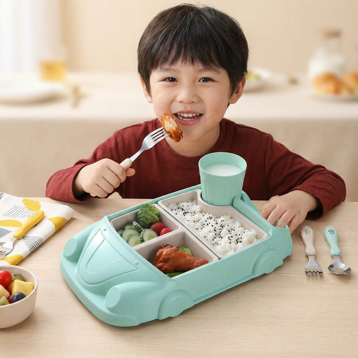 Kids Car-Shaped Bento Lunch Box – Fun Compartment Food Tray with Cup