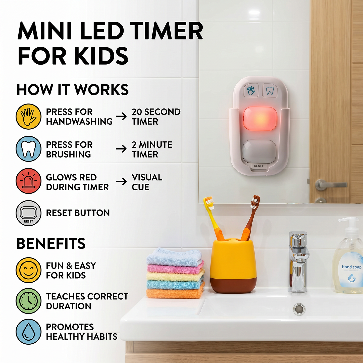 Mini LED Timer for Kids – Fun Support for Handwashing & Brushing Teeth