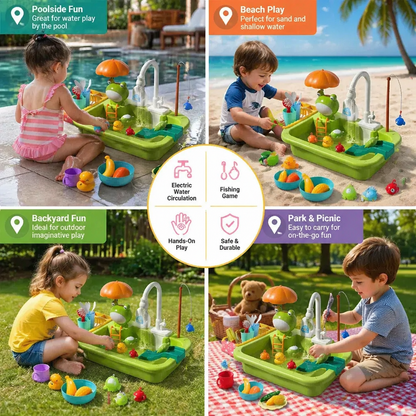 Kids Play Kitchen Sink Set with Running Water & Fishing Game