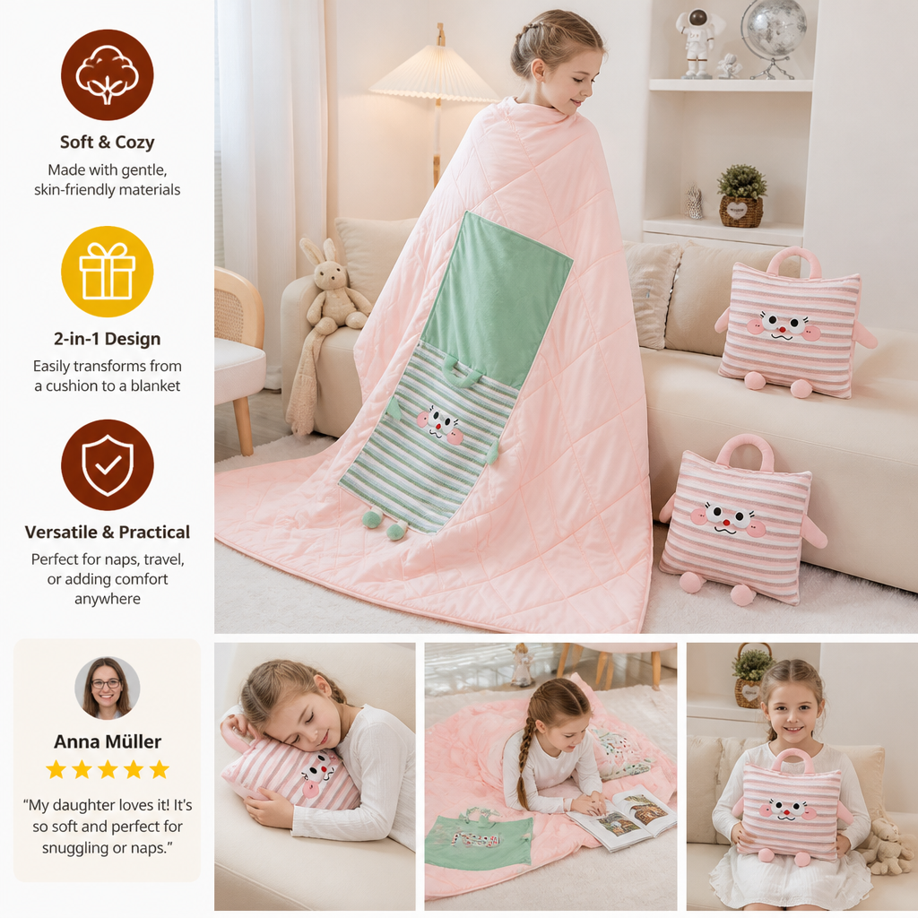 2-in-1 Cushion and Blanket with Cute Design