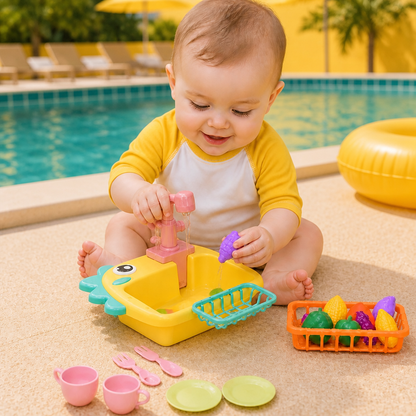 Kids Pretend Play Sink Toy with Running Tap and Dino Design