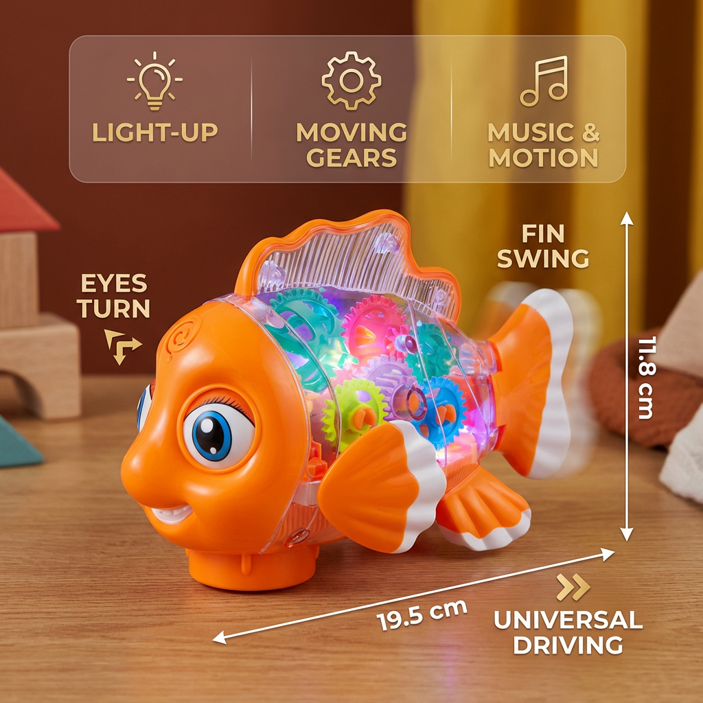 Light-Up Gear Fish Toy for Kids – Transparent Moving Gears with Music & Motion