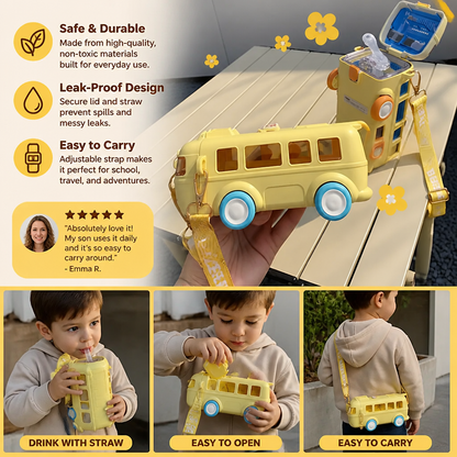 Kids Bus Shaped Water Bottle with Straw and Adjustable Strap