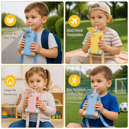 Kids Bus Shaped Water Bottle with Straw and Adjustable Strap