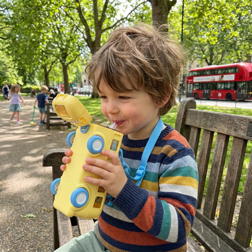Kids Bus Shaped Water Bottle with Straw and Adjustable Strap